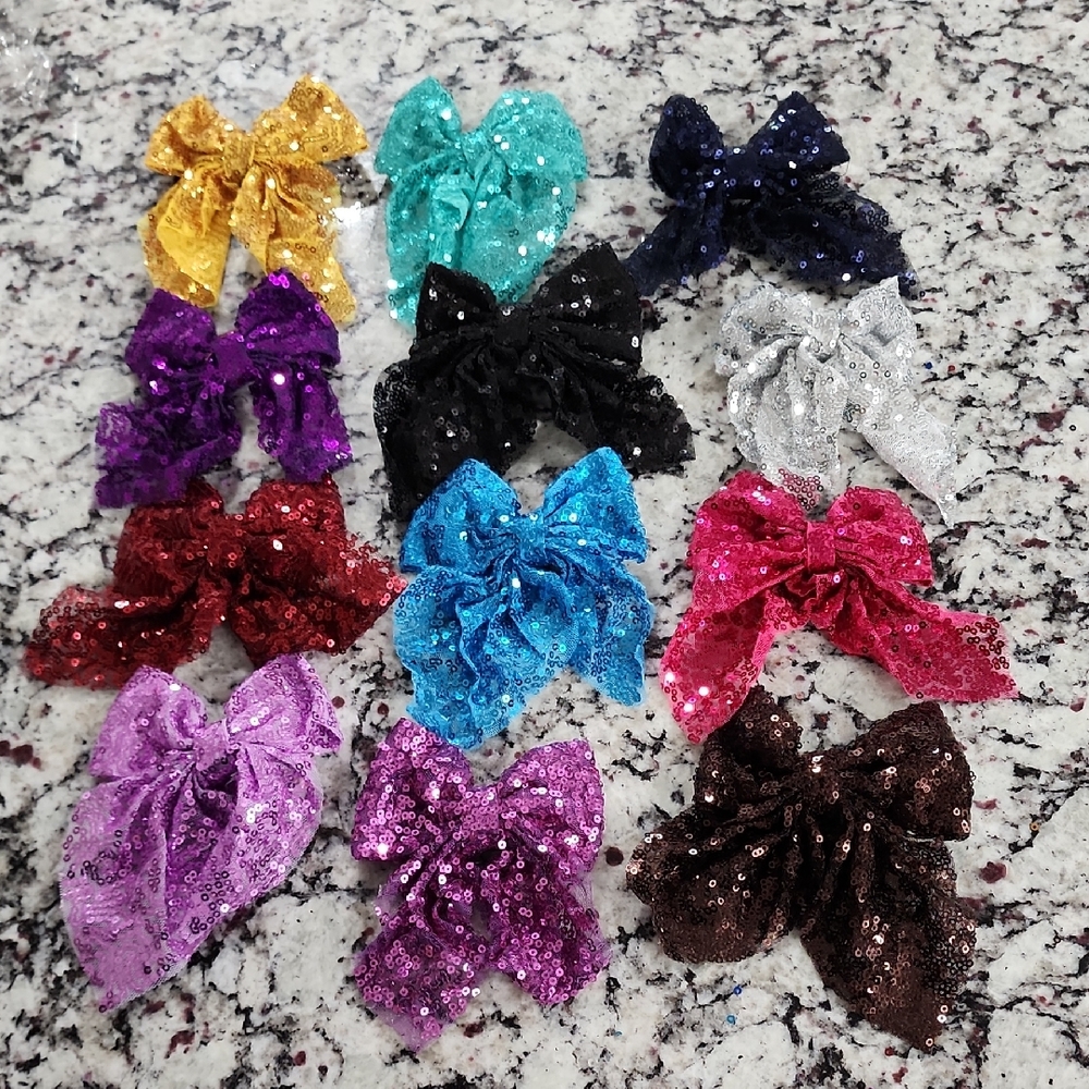 Pk/12 Girls Sequined Hair Bow Clips